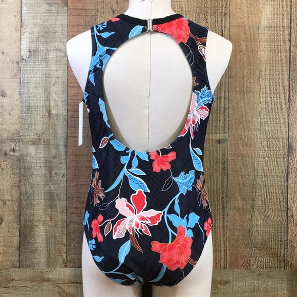 Walk On Beach Swimwear Womens Large Black Blue Floral Keyhole Back One Piece - Picture 6 of 13